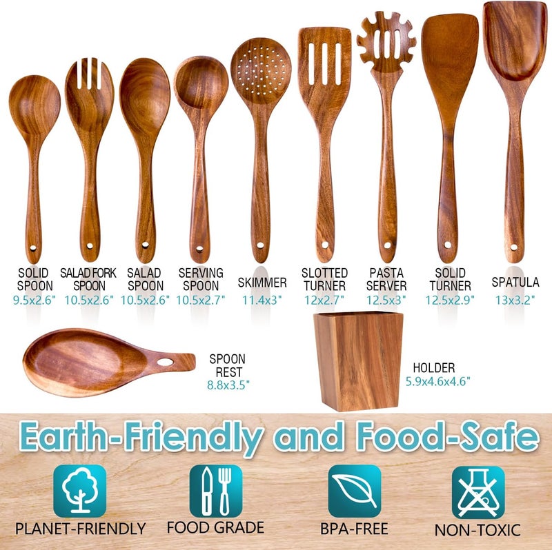HOWHONG Wooden Spoons for Cooking, Premium Acacia Wood Kitchen Utensil Set, Handmade Wooden Utensils for Nonstick Cookware, Heat Resistant, Smooth Finish, Comfortable Grip, with Holder, Gift Ready - Image 2